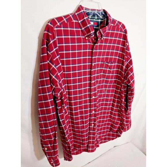 VTG Tommy Hilfiger Mens Shirt Size Large Red Plaid Button Down Crest Logo L/S - Picture 7 of 10